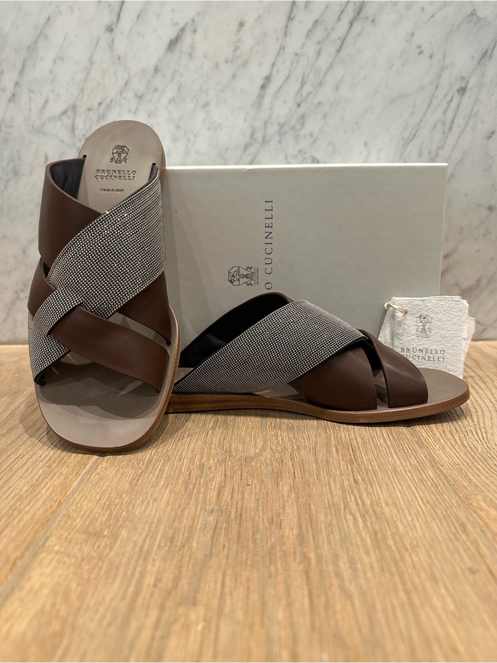 Brunello Cucinelli Monili Crisscross Chocolate Brown Leather Sandals